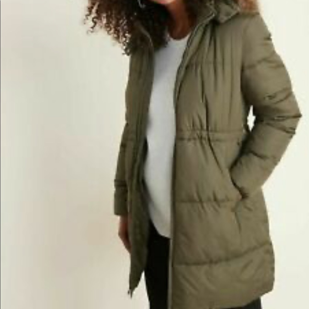 Maternity Long Hooded Puffer Coat- Olive
